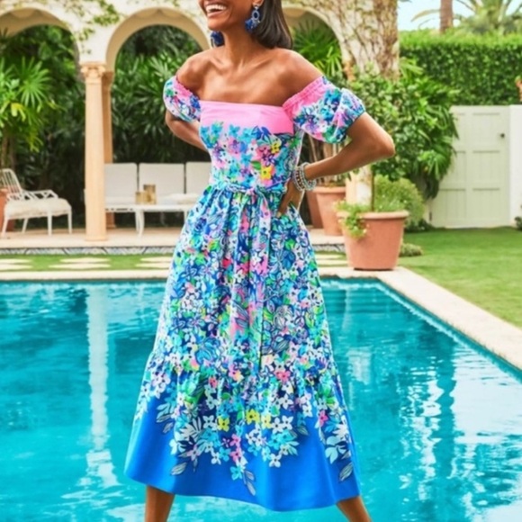 New Lilly Pulitzer Zalie Midi Dress in Borealis Blue Social Sunset 31744 - Picture 2 of 16